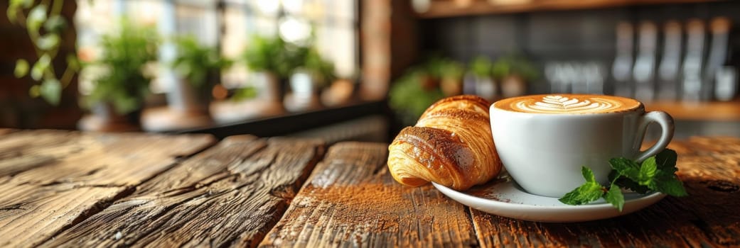 A cup of coffee and a croissant on top of the table