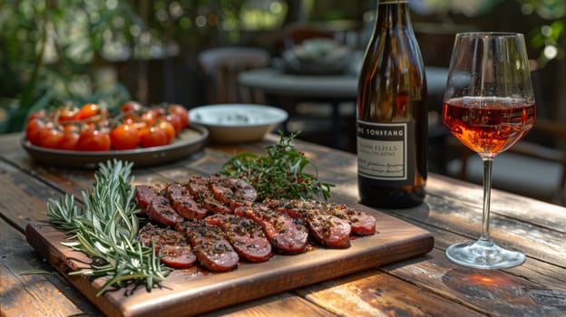 A wooden cutting board with meat and wine on it