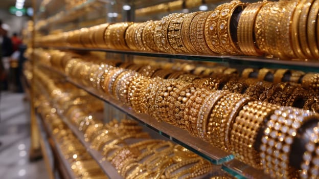A bunch of gold bracelets and rings on a shelf in the store