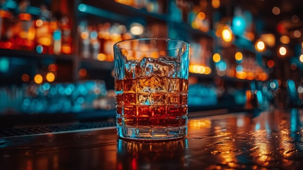 A glass of alcohol sits on a bar with ice cubes