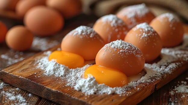 A wooden cutting board with eggs and powdered sugar on top