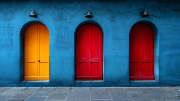 Three red, blue and yellow doors are lined up in front of a building