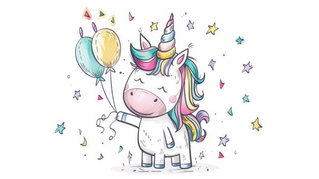A cute cartoon unicorn holding a balloon and stars