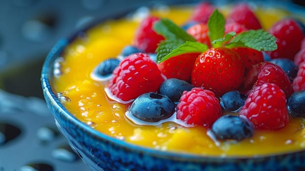 A bowl of a blue and yellow fruit salad with berries