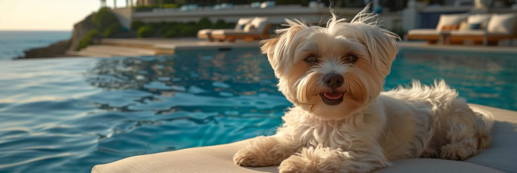 A small white dog sitting on a cushion next to the pool