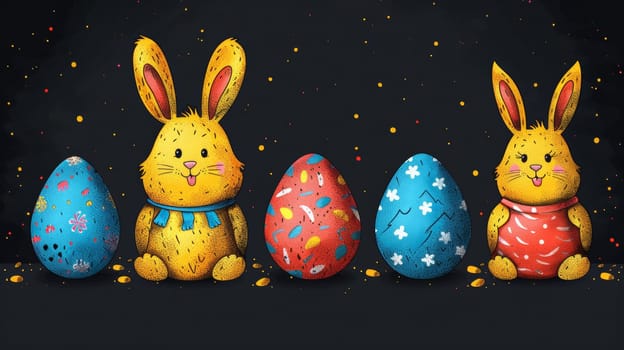 A group of easter bunnies are sitting next to decorated eggs