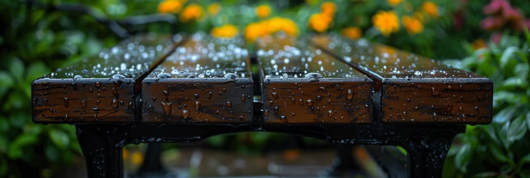 A close up of a wooden bench with rain drops on it