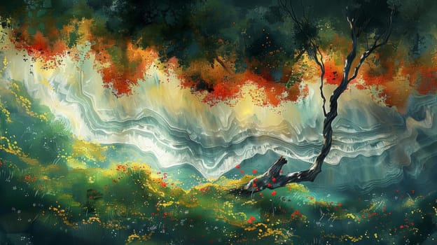 A painting of a tree sitting on top of some grass