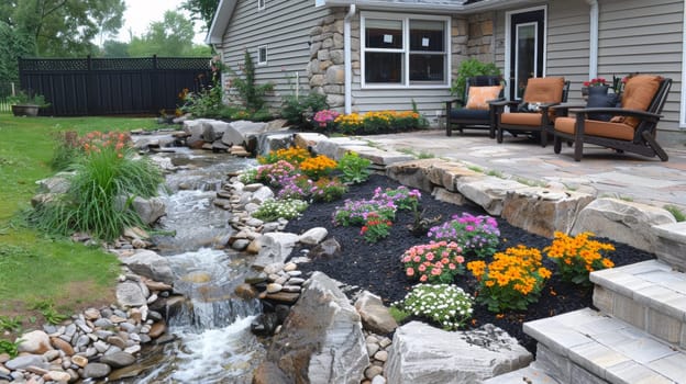 A small stream of water flowing through a garden area