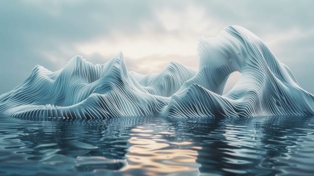 A large iceberg floating in the water with waves on it