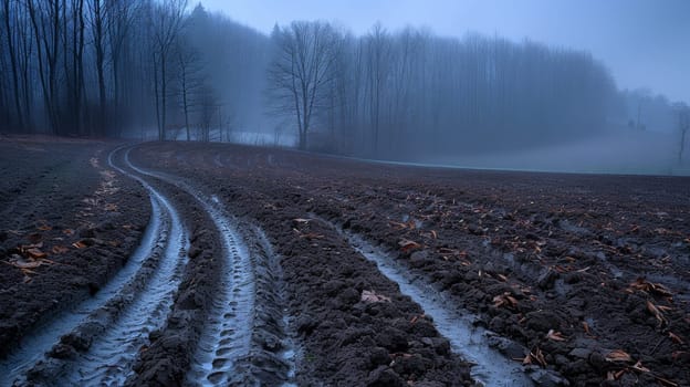 A muddy field with a tree in the middle of it