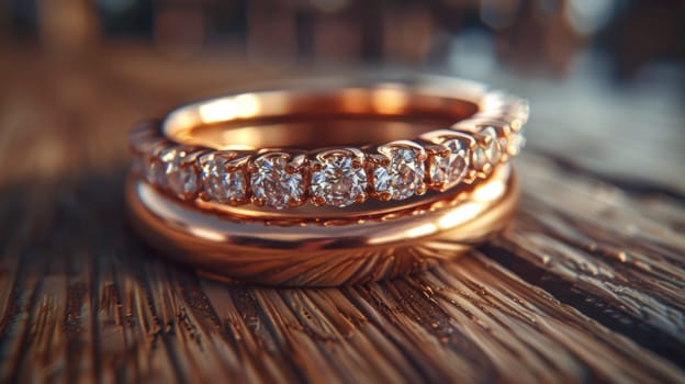 Two gold wedding rings sitting on top of a wooden table