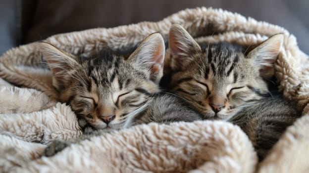 Two kittens are sleeping together on a blanket in the sun