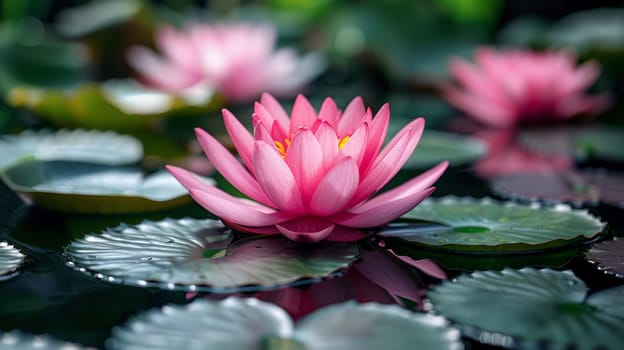 A pink flower sitting on top of a bunch of leaves