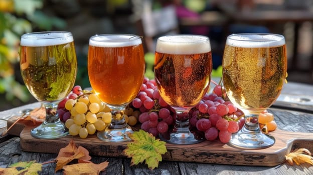 Three glasses of beer are sitting on a wooden tray with grapes and leaves
