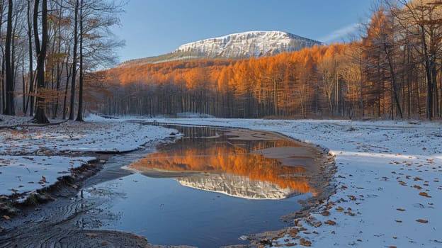 A small stream of water in a forest with trees and snow