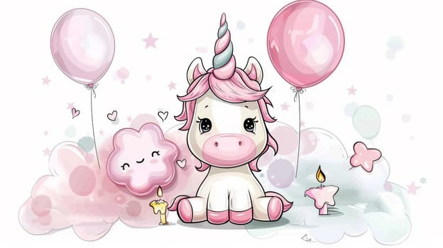 A cartoon unicorn sitting on a cloud with balloons and stars