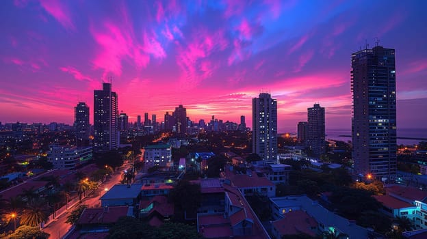 A city skyline with a pink sky and purple clouds