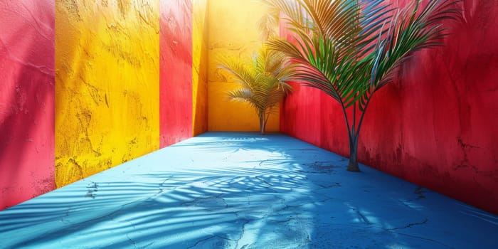 A colorful wall with a blue and yellow floor, two palm trees