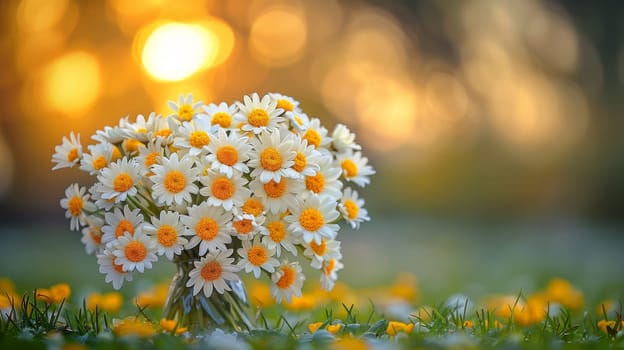 A bouquet of white and yellow daisies in a field