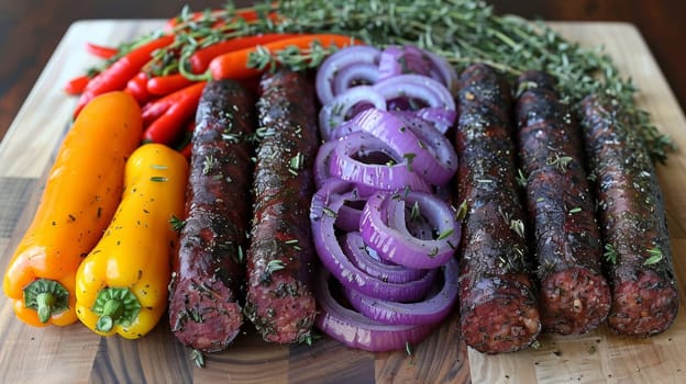 A wooden cutting board topped with sausages, peppers and onions