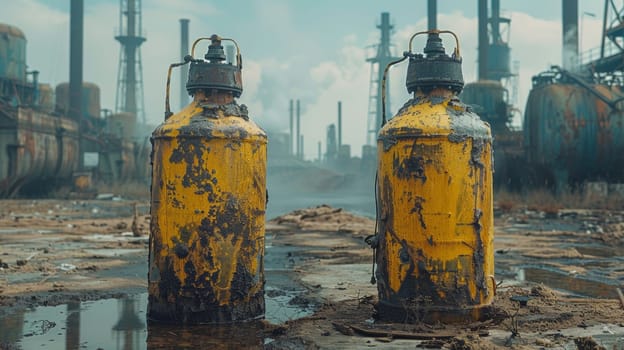 Two yellow gas cans sitting in a dirty, muddy area