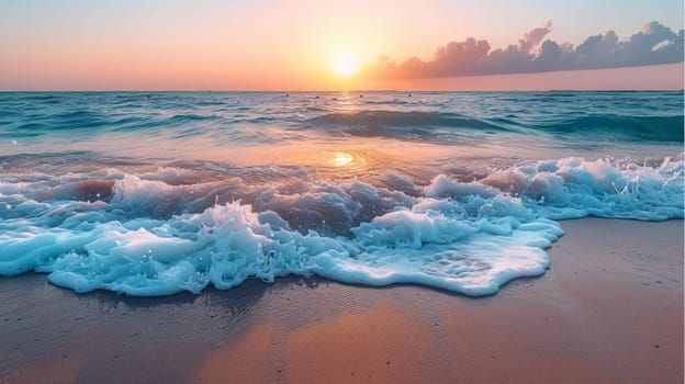 A sunset over the ocean with waves crashing on shore