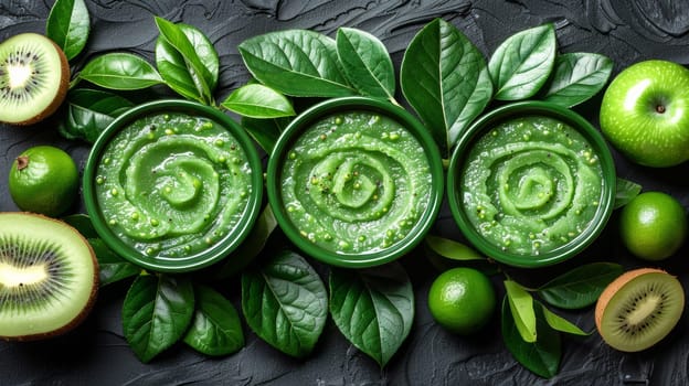 A group of green bowls with different types of fruit and vegetables