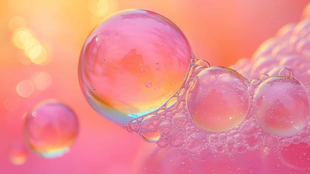 A close up of bubbles in a bubble bath on pink and orange