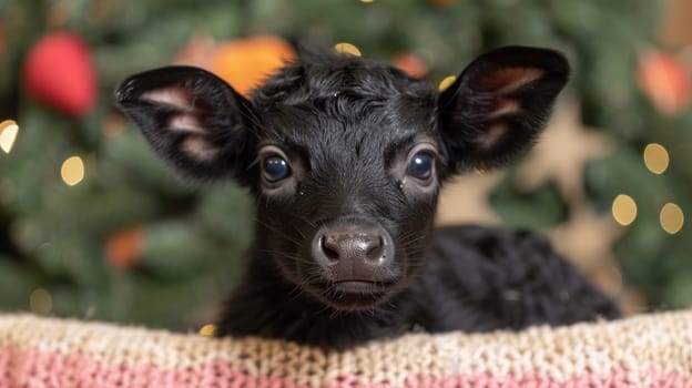 A small black calf is looking at the camera with a christmas tree in background