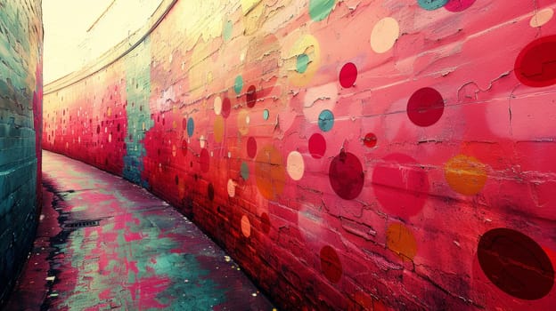 A colorful wall with many polka dots painted on it