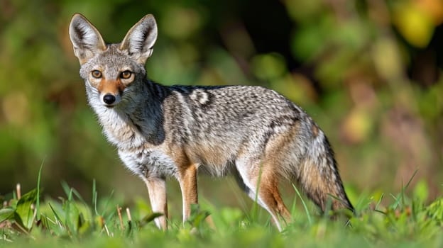 A small gray and white animal standing in a grassy field