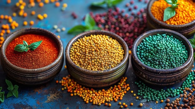 Three bowls of different colored seeds and herbs on a table