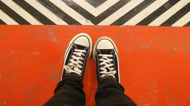 A person wearing black and white sneakers standing on a red floor