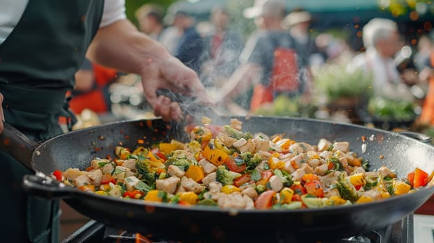 A person is cooking a stir fry in an outdoor wok