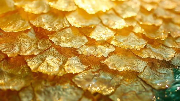 A close up of a gold leafed fish scale pattern on the surface
