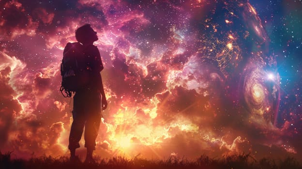 A man standing in front of a colorful galaxy with stars