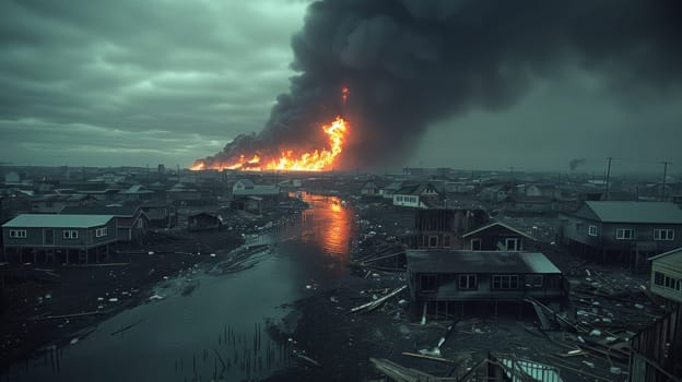 A large fire is burning in a city near some houses