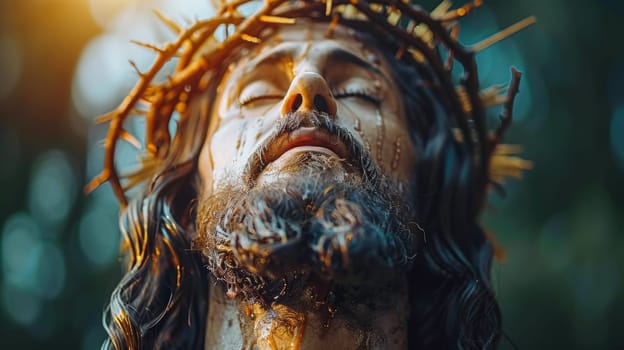 A close up of a man with his face covered in thorns