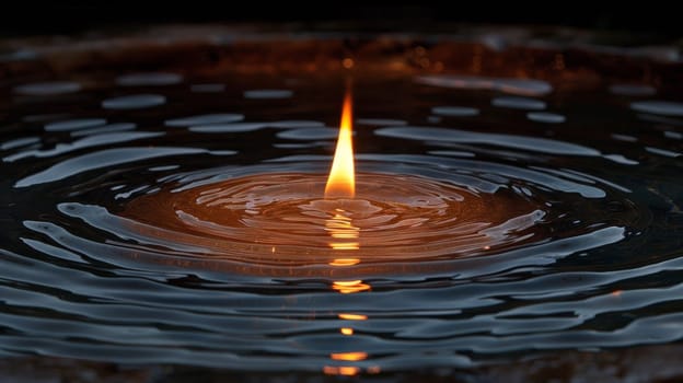 A candle lit in a bowl of water with ripples