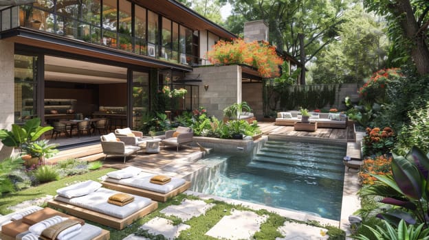 A backyard with a pool and lounge chairs in the middle