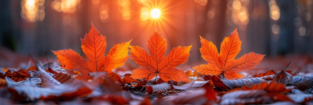 Three red maple leaves are sitting on the ground in front of a sun