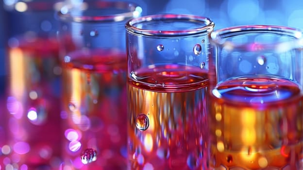 A group of glasses filled with liquid on a table