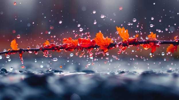 A close up of a branch with leaves and water droplets
