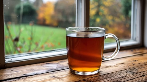 A cup of tea sitting on a window sill next to the outside