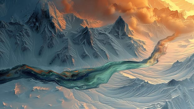A painting of a river flowing through the mountains in an abstract style