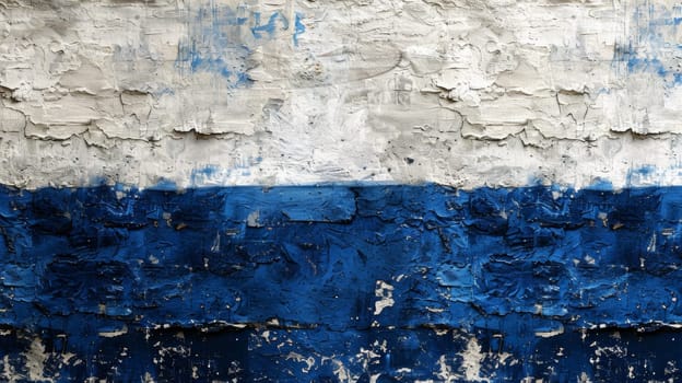 A blue and white paint on a wall with an old clock