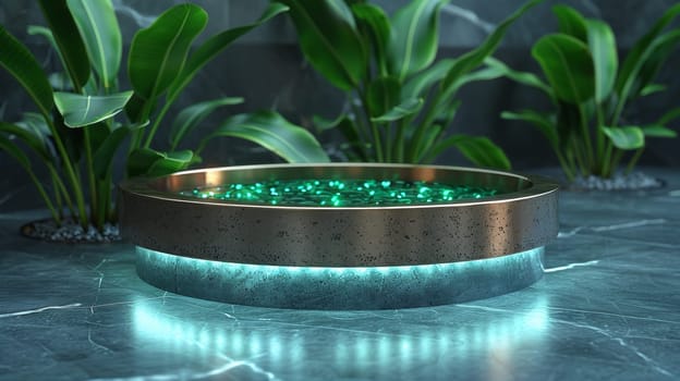 A close up of a round bowl with green lights in it