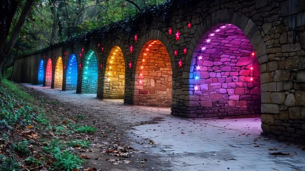 A row of arches with colored lights on them in a park