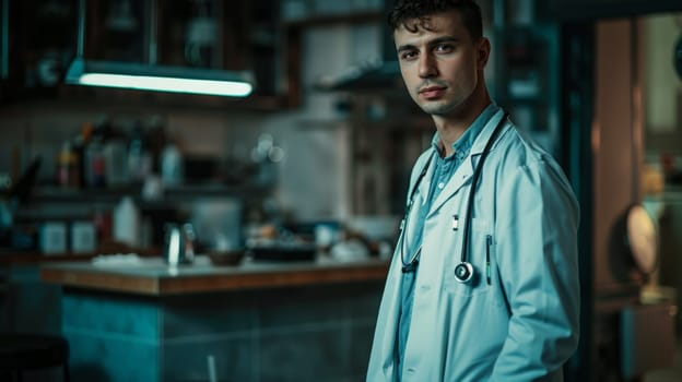 A man in a white coat standing next to an open door